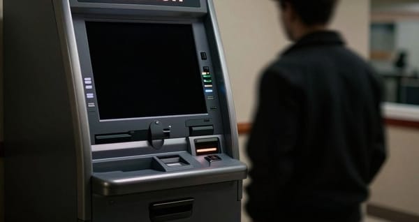 Cryptocurrency ATM with a shadowy figure nearby.